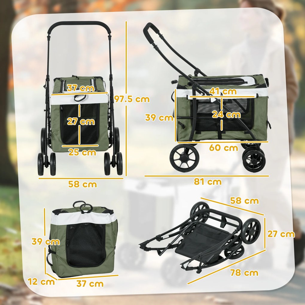 PawHut Cărucior pentru câini Cărucior pentru animale Cărucior pentru câini, pliabil, coș detașabil, 81 x 58 x 97,5 cm, Negru+Verde închis+Alb | Aosom Romania