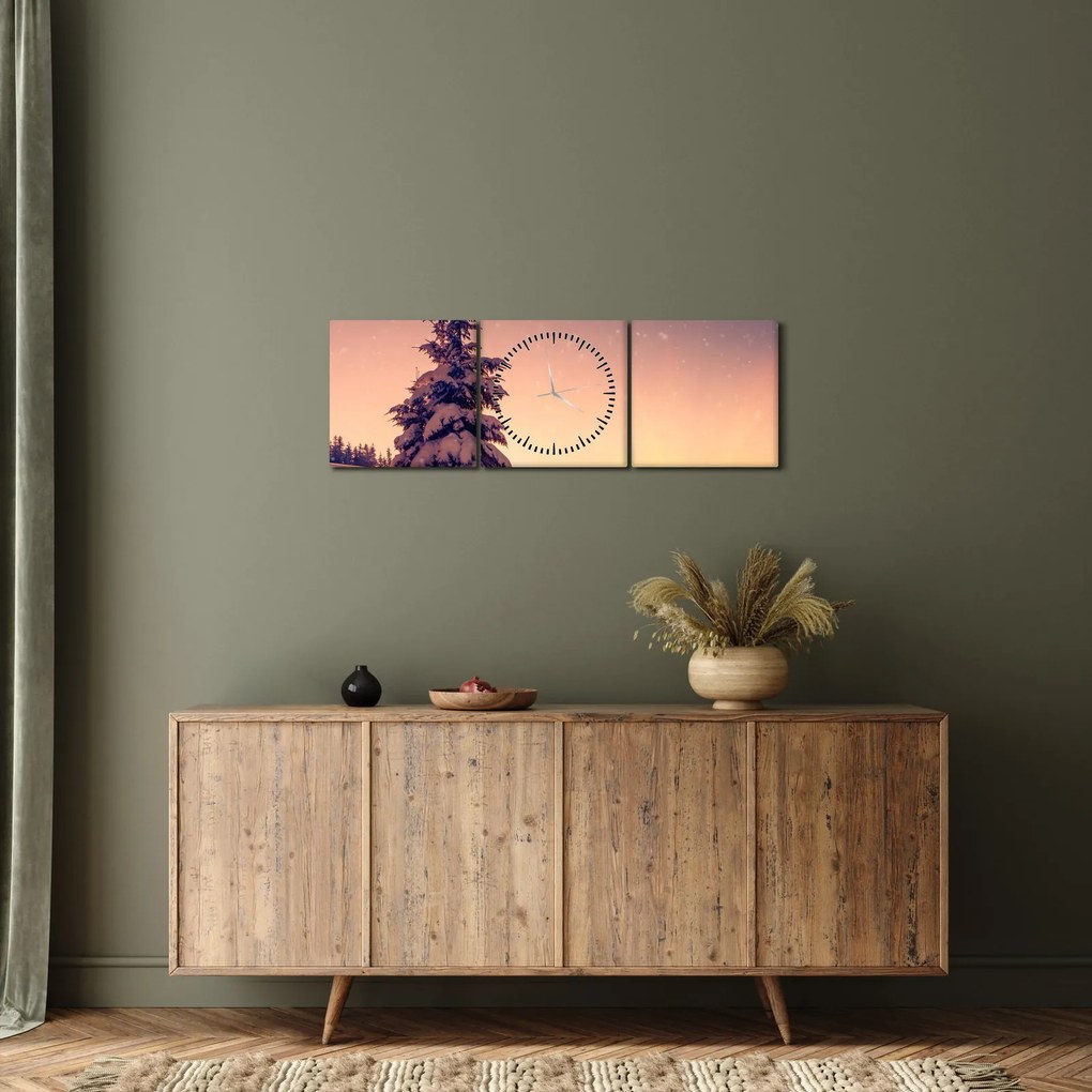 Tablou cu copac înzăpezit pe luncă (cu ceas) (90x30 cm)