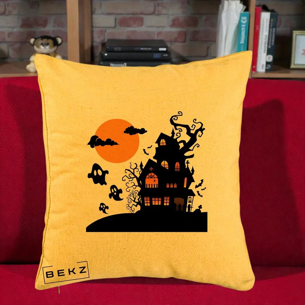 Perna Decorativa Halloween Casa Bantuita cu Fantome, 40x40 cm, Galben, Husa Detasabila, Perna Inclusa, BEKZ®
