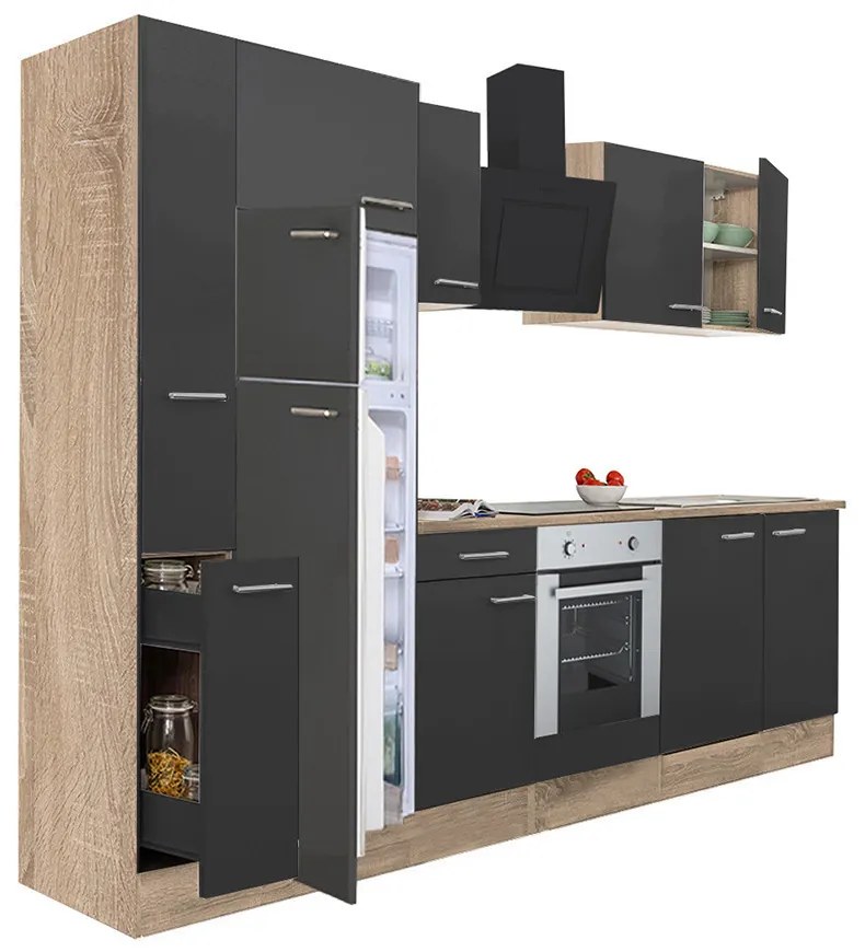 Mobilă de bucătărie Yorki 310, corp din stejar sonoma, față antracit satinat, element cuptor inferior, frigider congelator superior
