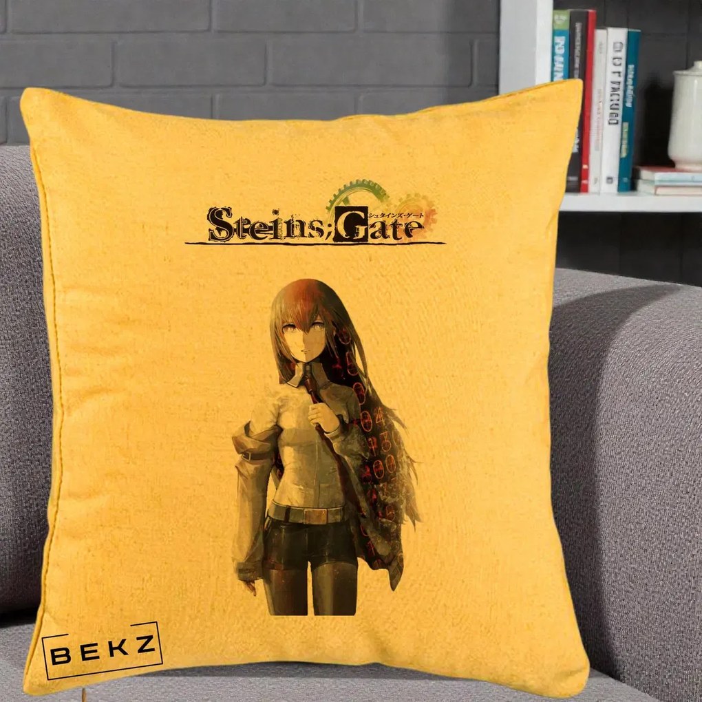 Perna Personalizata Steins Gate Kurisu Makise Anime, 40x40 cm, Galben, Husa Detasabila, Perna Inclusa, BEKZ®