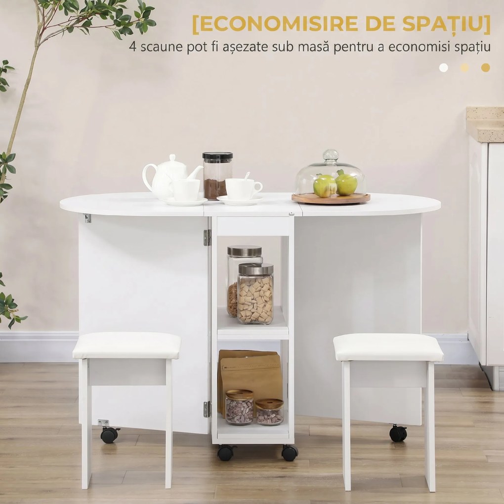 Set de masa pliabil pentru 4 persoane, cu 5 piese, scaune de sufragerie tapitate, cu rafturi de depozitare si 6 roti, alb HOMCOM | Aosom Romania