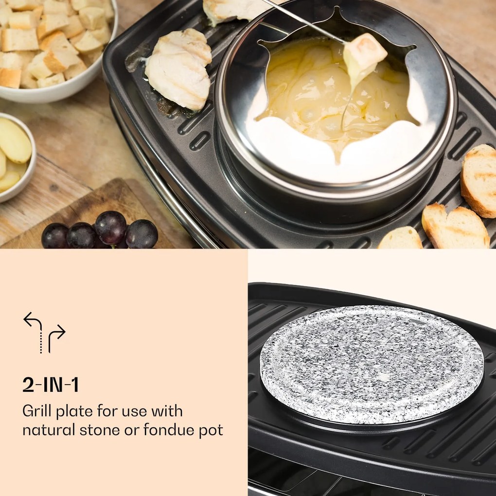 Klarstein Entrecote, 2 în 1 raclette grill & fondue, piatră naturală, 1100 W, 8 persoane, covorașe