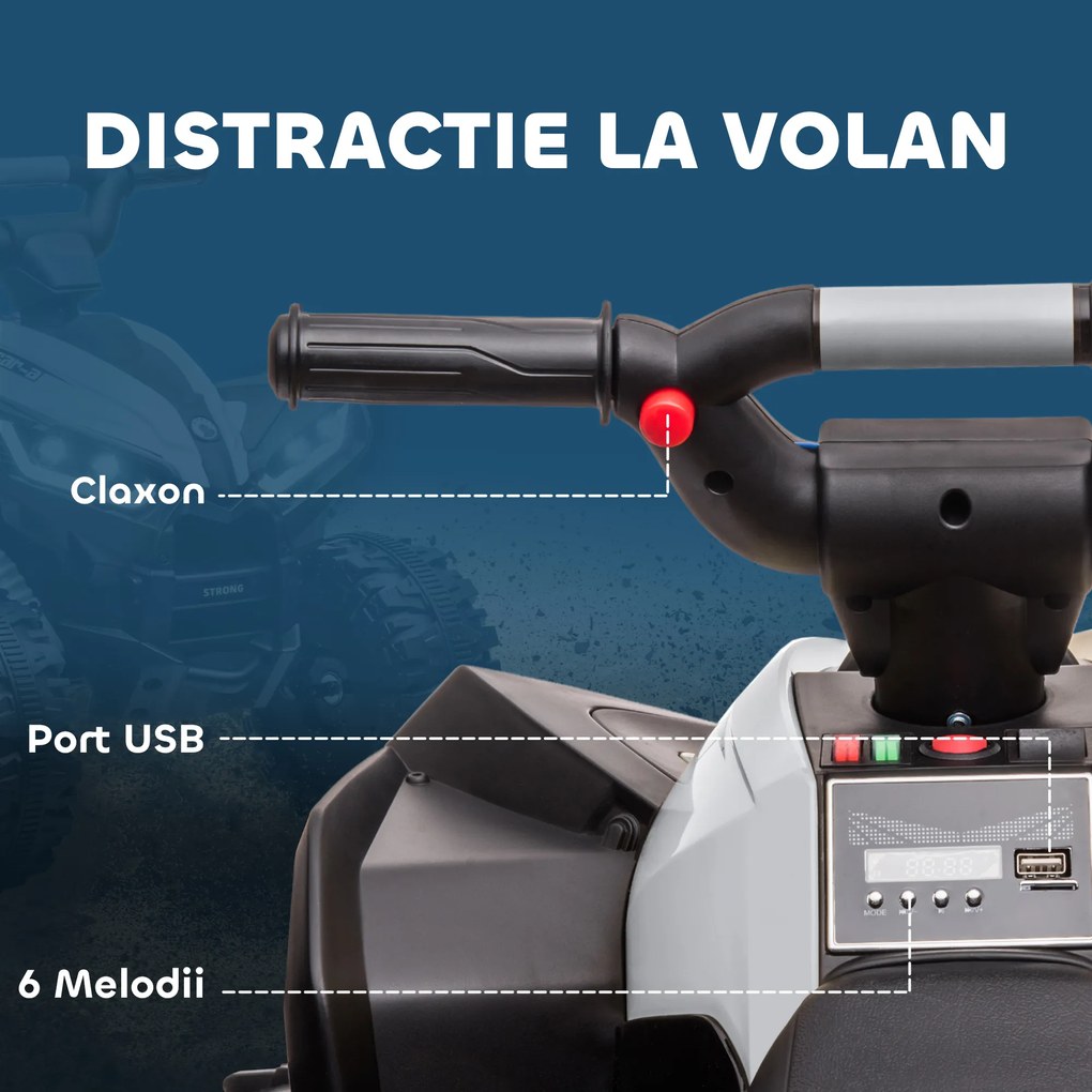 HOMCOM ATV Electric pentru Copii, Motocicletă pentru Copii cu Motor Dublu, 2 Viteze, Roți Late și Faruri LED, 83x53x55.5 cm, Alb | Aosom Romania