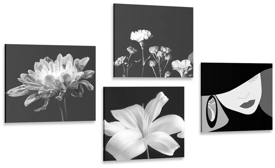 Set tablouri eleganța femeii și a florilor în design alb-negru