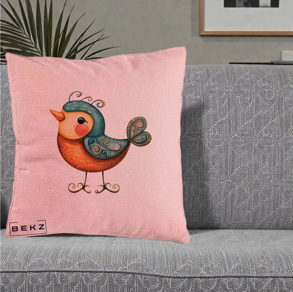 Perna Decorativa Pasare Ornamentala Folk Art, 40x40 cm, Roz, Husa Detasabila, Perna Inclusa, BEKZ®