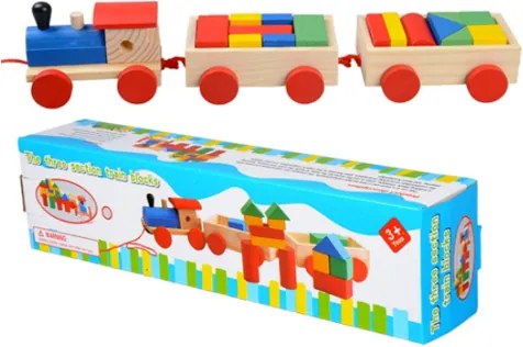 Jucarie din lemn - Tren cu 2 vagoane si forme geometrice