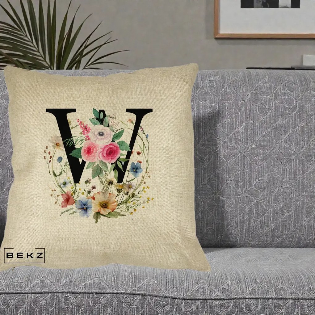 Cadou Personalizat - Perna Personalizata Monograma Florala Litera W, 40x40 cm, Crem, Husa Detasabila, Perna Inclusa, BEKZ®