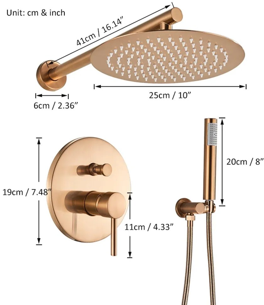 Set dus tip ploaie, cupru pal, cu para rotunda 25 cm, Pale Rose Cupru pal