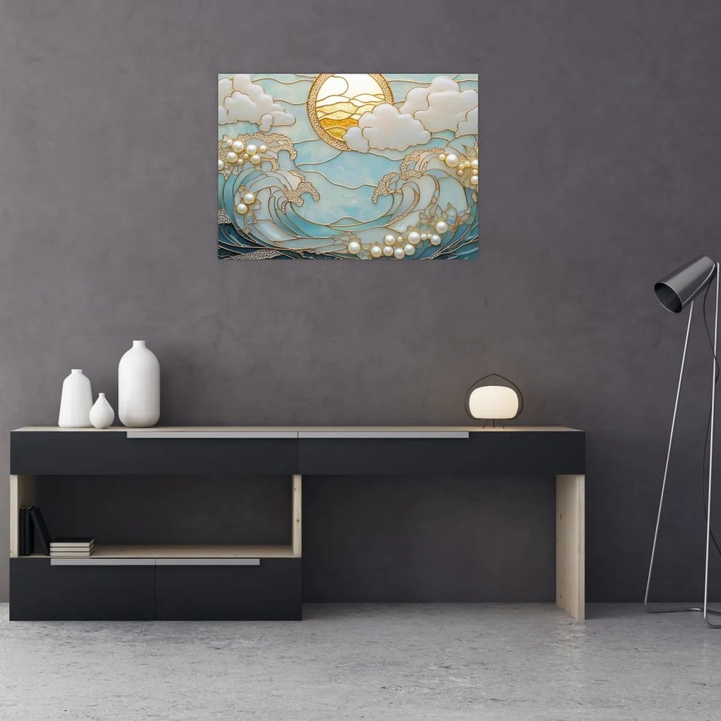 Tablou pe sticlă - Perle 3D în Ocean (70x50 cm)
