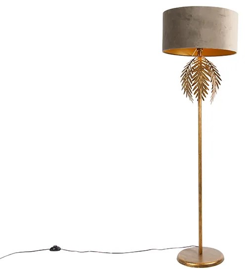 Lampă de podea vintage aurie 145 cm cu abajur din catifea taupe 50 cm - Botanica