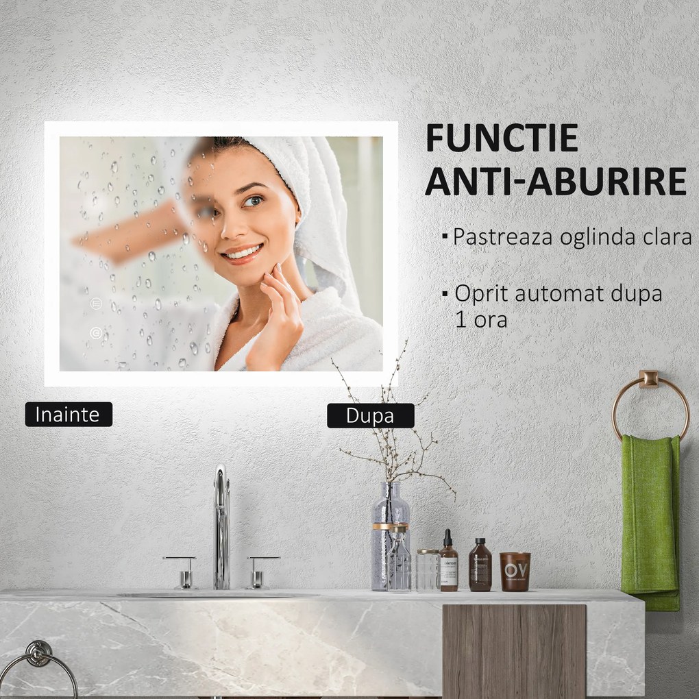 Kleankin Oglinda LED, Oglinda de Machiaj de Perete cu 3 Lumini, 800x600mm, Tactilă, Anti-Ceță, Montare Orizontală/Verticală | Aosom Romania