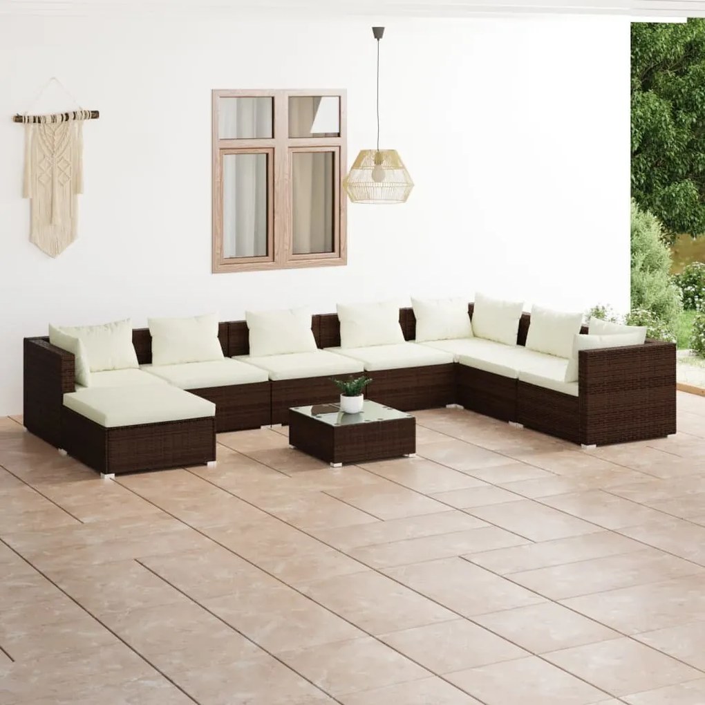 Set mobilier de gradina cu perne, 9 piese, maro, poliratan