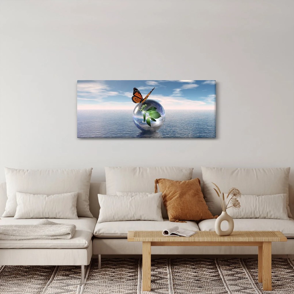 Tablou cu fluture pe bilă din sticlă (120x50 cm)