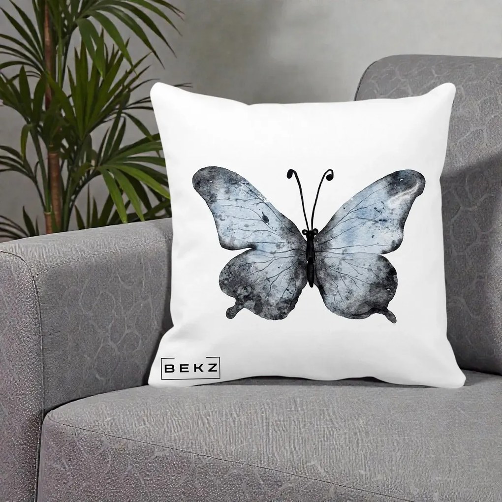 Perna Decorativa Fluture Acuarela Albastru-Gri, 40x40 cm, Alba Mata, Husa Detasabila, Perna Inclusa, BEKZ®