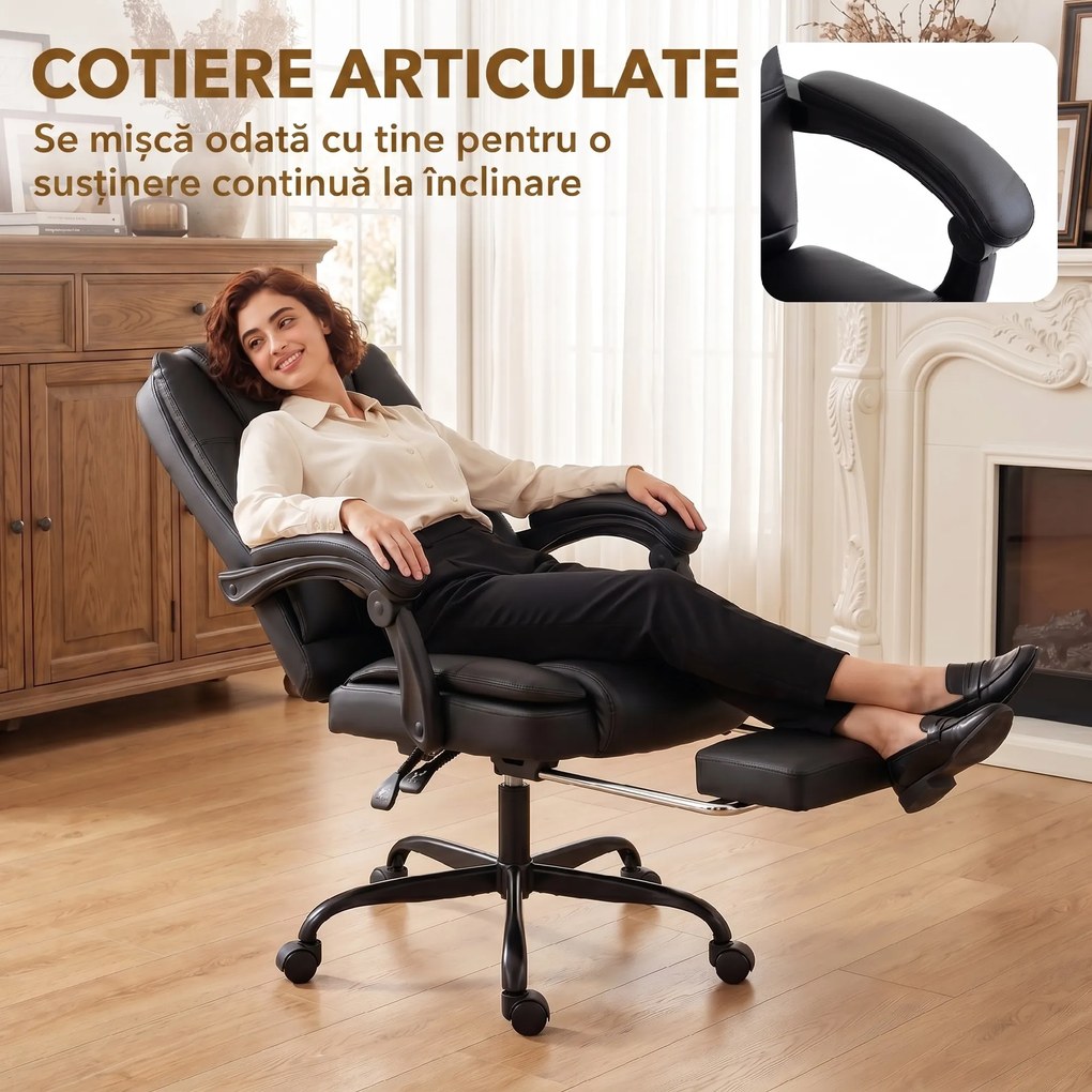 HOMCOM Scaun Birou Ergonomic Reclinabil Rotativ din Piele PU cu Suport pentru Picioare, Înălțime Reglabilă, Negru | Aosom Romania