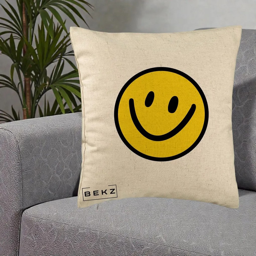 Perna Decorativa Smiley Face Galben Clasic, 40x40 cm, Bej, Husa Detasabila, Perna Inclusa, BEKZ®