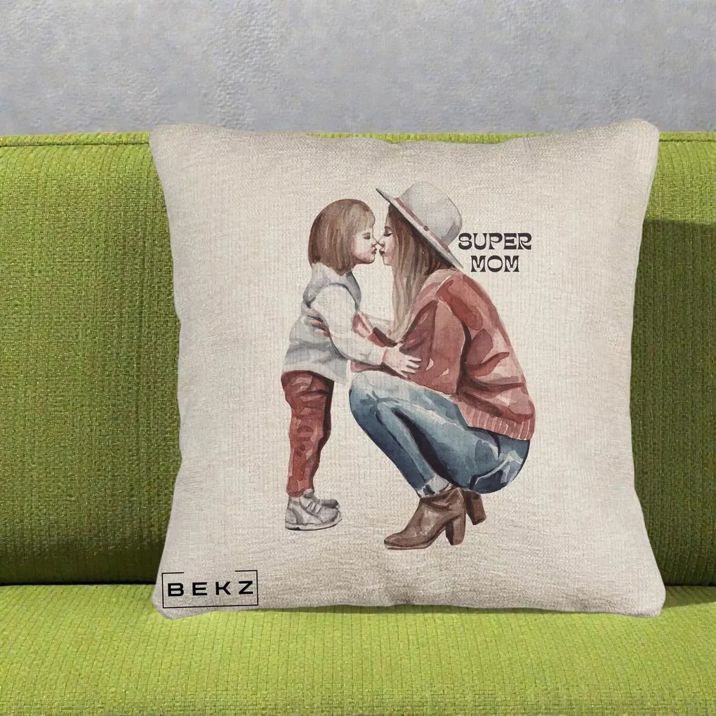 Cadou pentru Mama - Perna Personalizata Super Mom Acuarela, 40x40 cm, Bej Canapea, Husa Detasabila, Perna Inclusa, BEKZ®