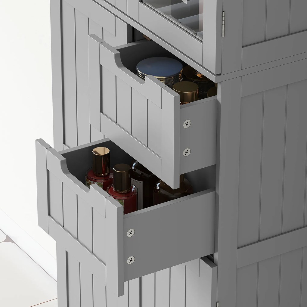 HOMCOM Dulap înalt pentru baie, mobilier de depozitare cu 4 uși dintre care 2 vitrate, 2 sertare și polițe reglabile, alb | Aosom Romania