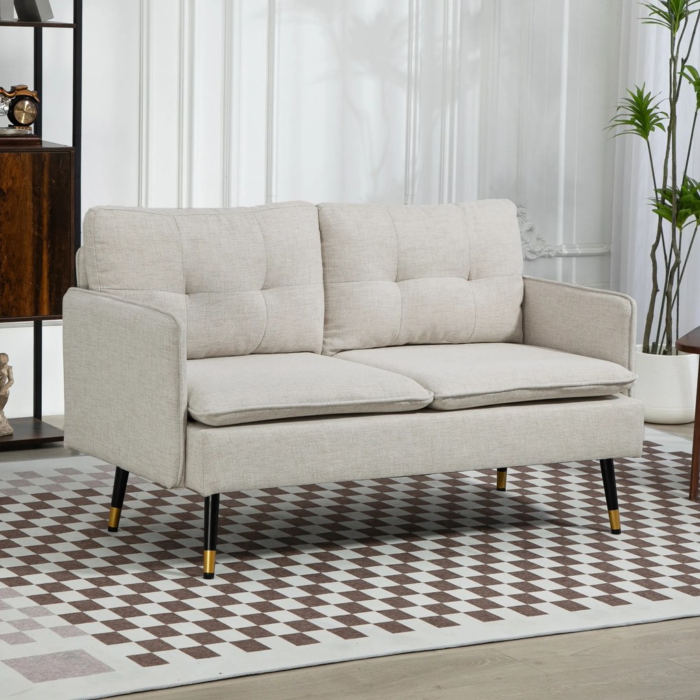 HOMCOM Divano 2 Posti in Tessuto Effetto Lino con Braccioli e Cuscini Imbottiti, Divanetto 2 Posti Moderno con Gambe in Acciaio, per Ufficio, Soggiorno, Salotto e Camera da Letto, 139x68x80 cm, Crema | Aosom Romania