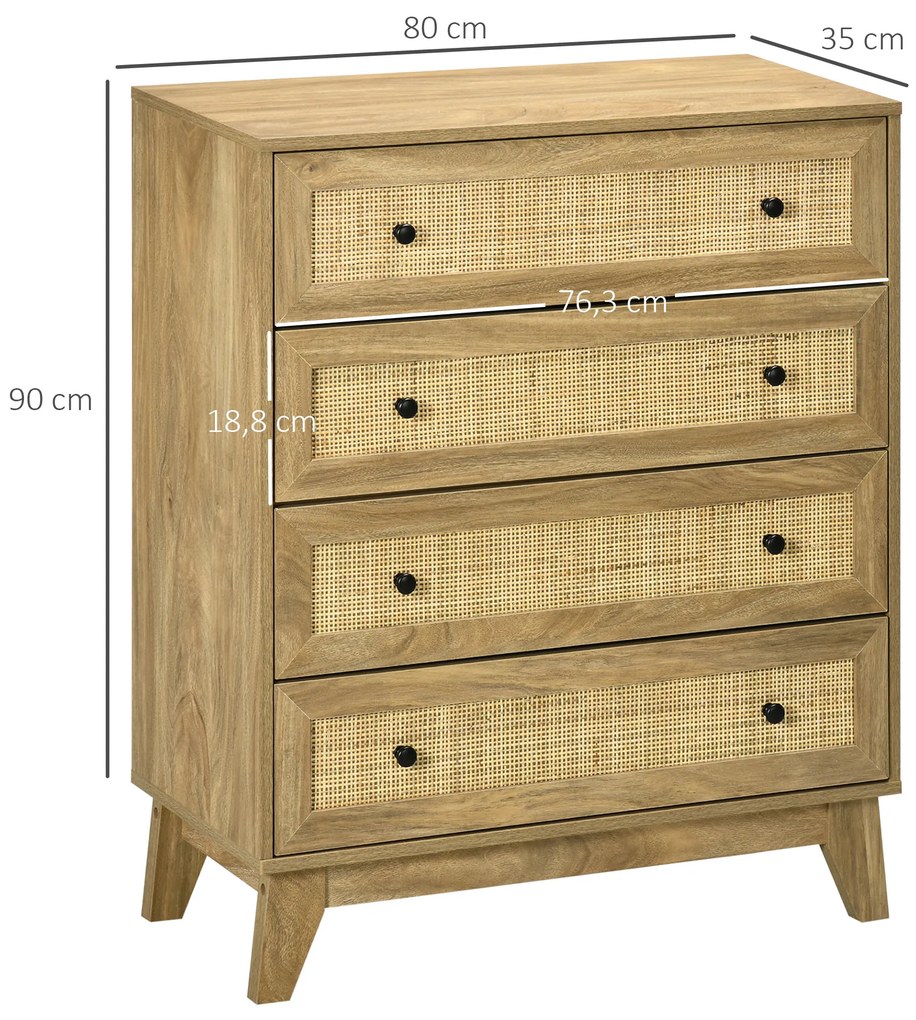 HOMCOM Cómoda cu 4 Sertare Comoda de Lemn cu Fronturi de Ratan Stil Cannage pentru Dormitor 80x35x95 cm Natural | Aosom Romania