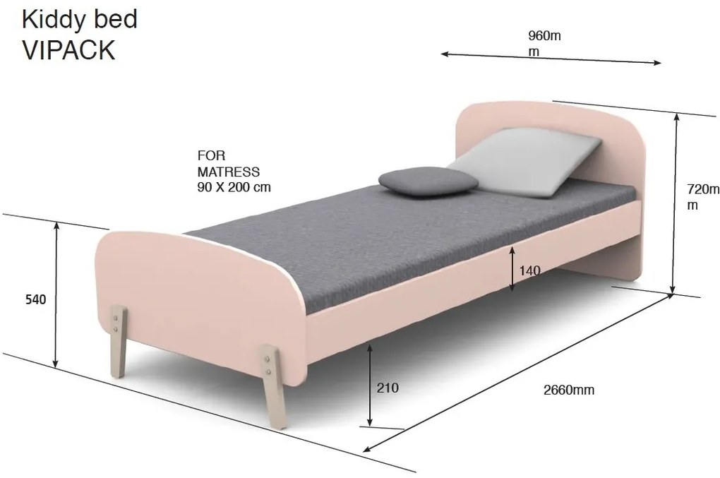 Această combinație KIDDY în roz constă dintr-un pat (90x200), noptieră, 2 rafturi de perete (45 și 65 cm), bară de siguranță și cutie de jucării.