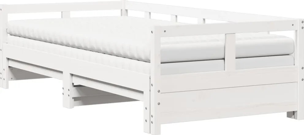 vidaXL Pat zi cu extensie și saltele, alb, 90x200 cm, lemn masiv pin