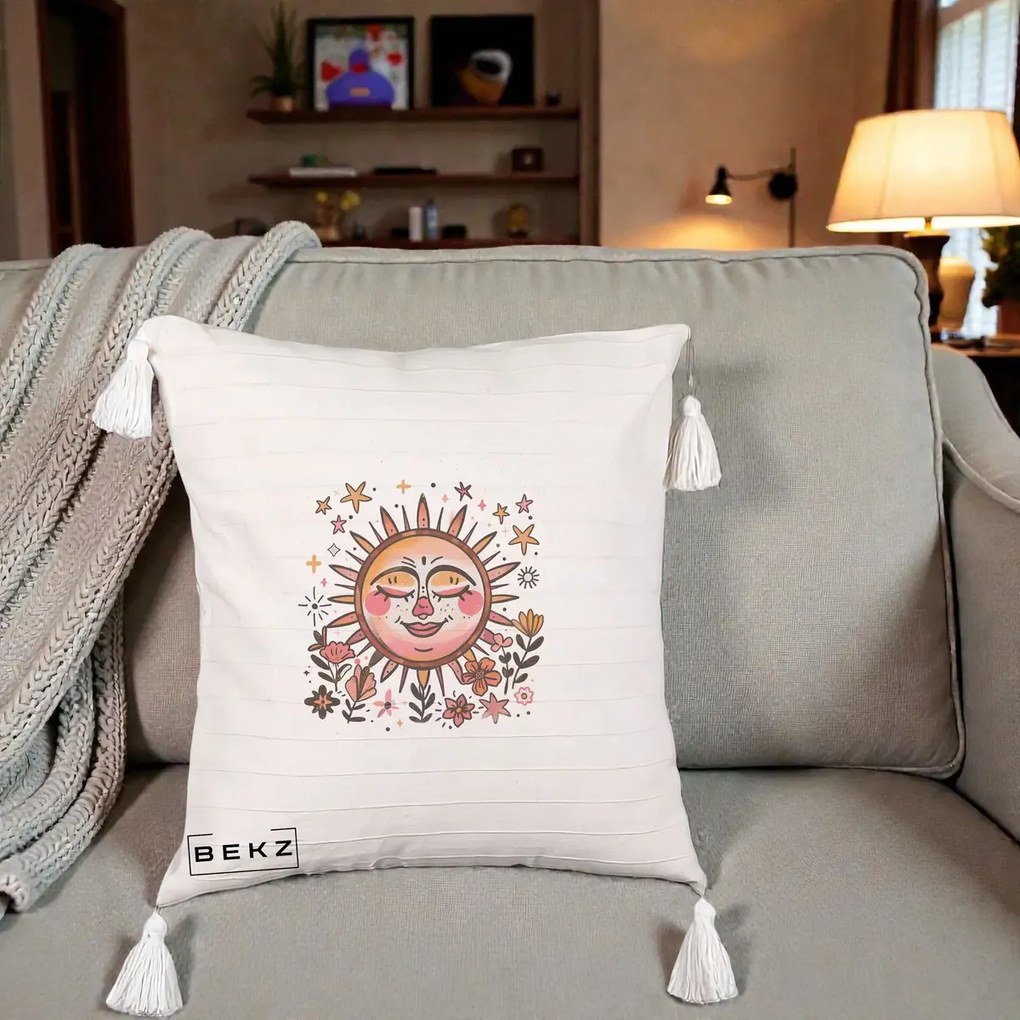 Perna Decorativa Soare Retro Boho Floral, 40x40 cm, Bej cu Franjuri, Husa Detasabila, Perna Inclusa, BEKZ®