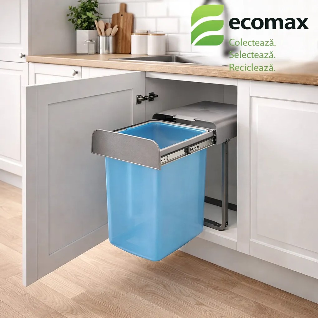 Cos gunoi incorporabil Aladin 40 Ecomax, cu extragere totala, 1 x 16 l Polipropilena cu fibra de sticla, H:362 mm; L:287 mm; A:333 mm, 400 mm, Gri
