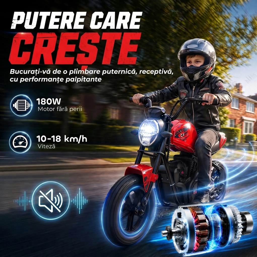 AIYAPLAY Motocicletă electrică de cross pentru copii, stil Harley, 24V, 6-12 ani, anvelope din cauciuc 30 cm, roșie | Aosom Romania