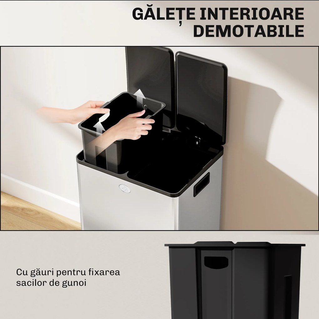 HOMCOM Coș de Gunoi cu Pedală, 2 x 20L, din Oțel, cu Capace Silențioase și Găleți Interioare Detașabile, Argintiu | Aosom Romania