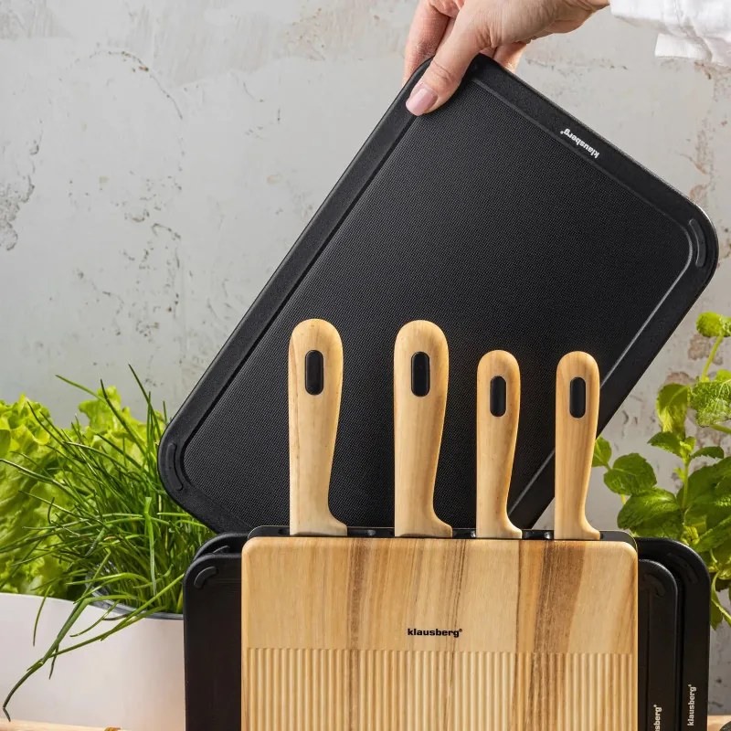 Set de cuțite și tăvi de tăiat Klausberg KB 9037, 8 piese, oțel inoxidabil, suport, maro/negru