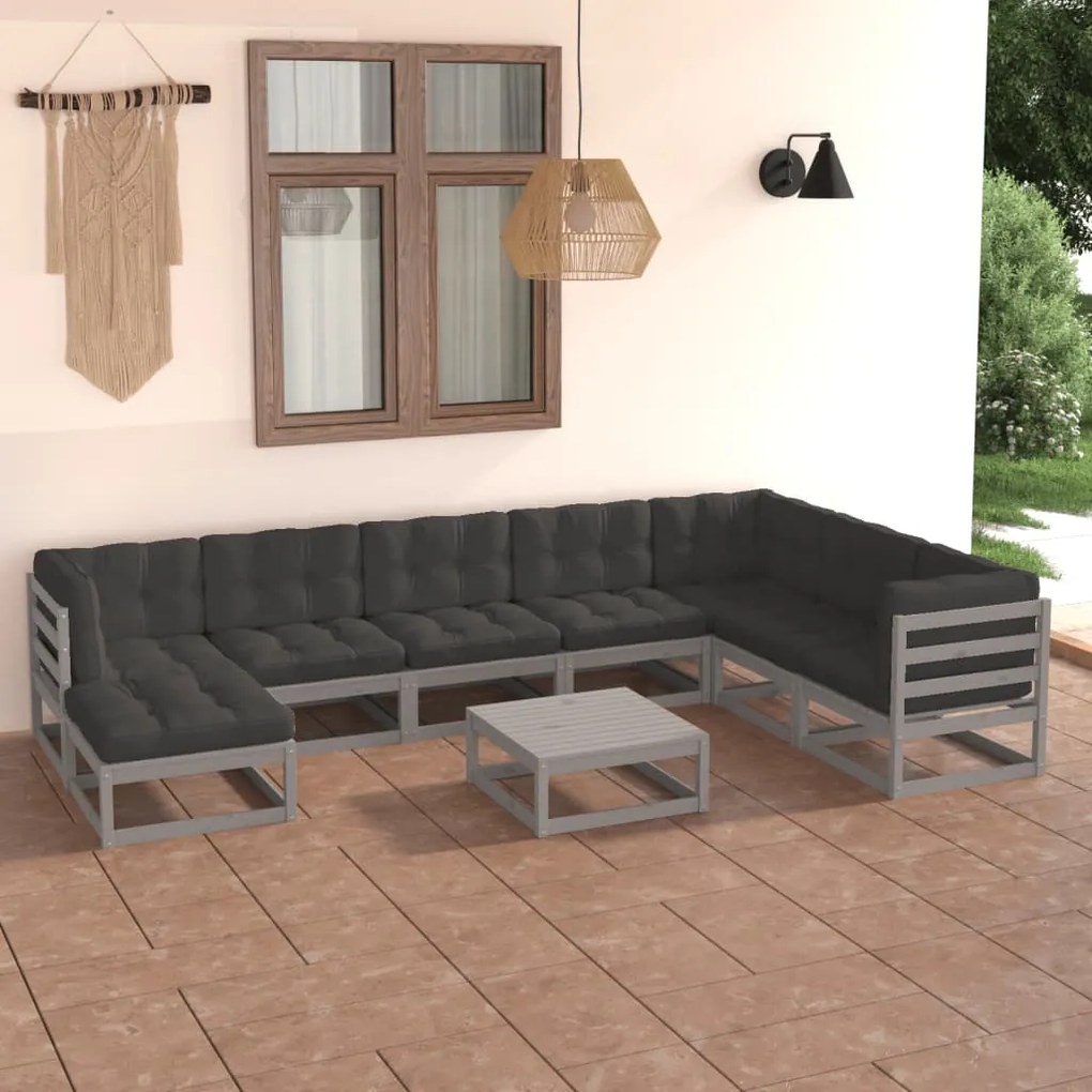 Set mobilier de gradina cu perne, 9 piese, lemn masiv de pin Gri, 1, Da