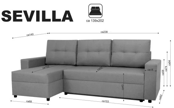 Canapea colțar universală SEVILLA antracit cu funcție de dormit și depozitare
