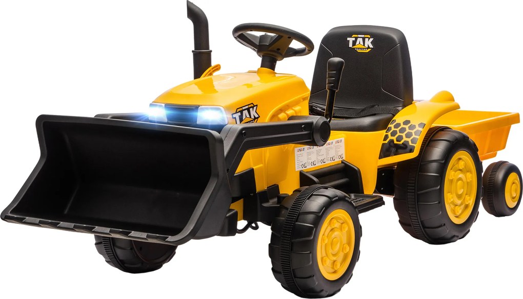 AIYAPLAY Excavator Electric pentru Copii 12V cu Cupă și Remorcă Detașabilă, Tractor Electric de Călărit cu 2 Motoare, Telecomandă, Conexiune Wireless, USB, Lumini și Muzică, 3-8 Ani, Galben | Aosom Romania