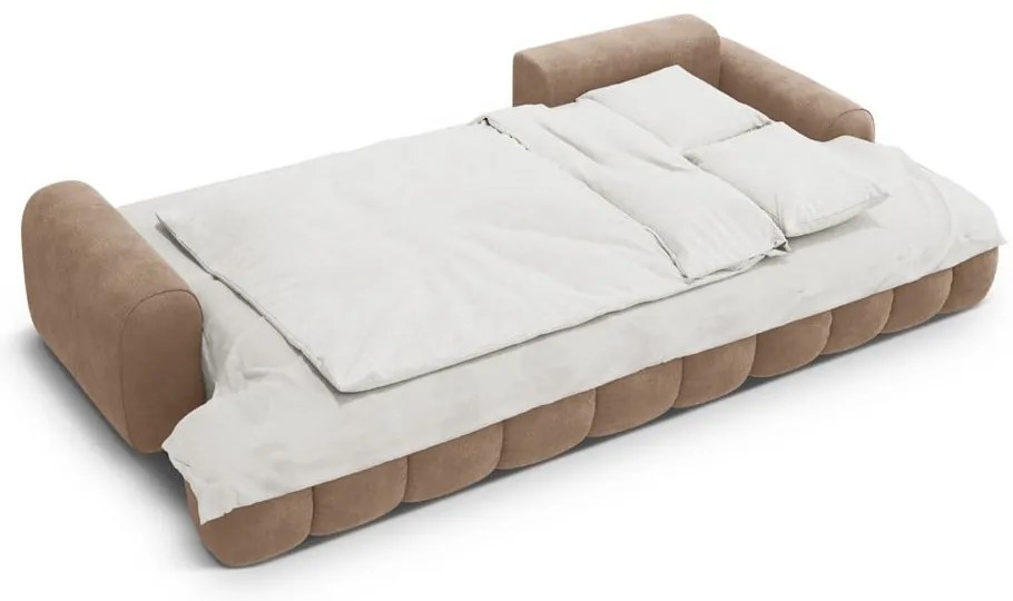 Colțar maro deschis extensibil/cu spațiu de depozitare cu tapițerie din catifea (cu colț pe partea dreaptă/cu șezlong) Linz – Cosmopolitan Design