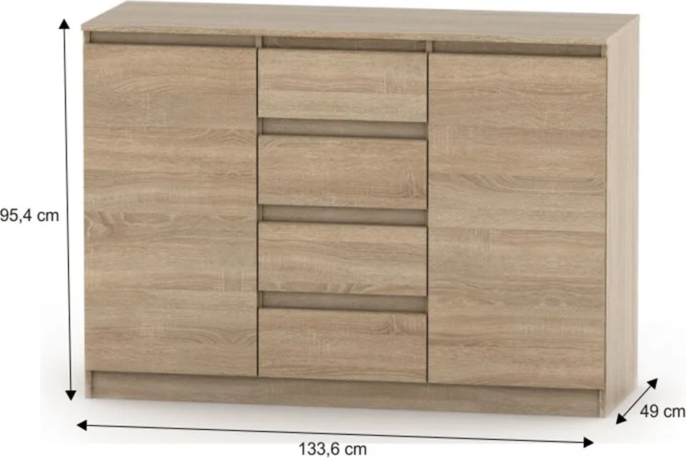 Comodă cu 2 uşi şi 4 sertare, stejar sonoma, HANY NEW 010