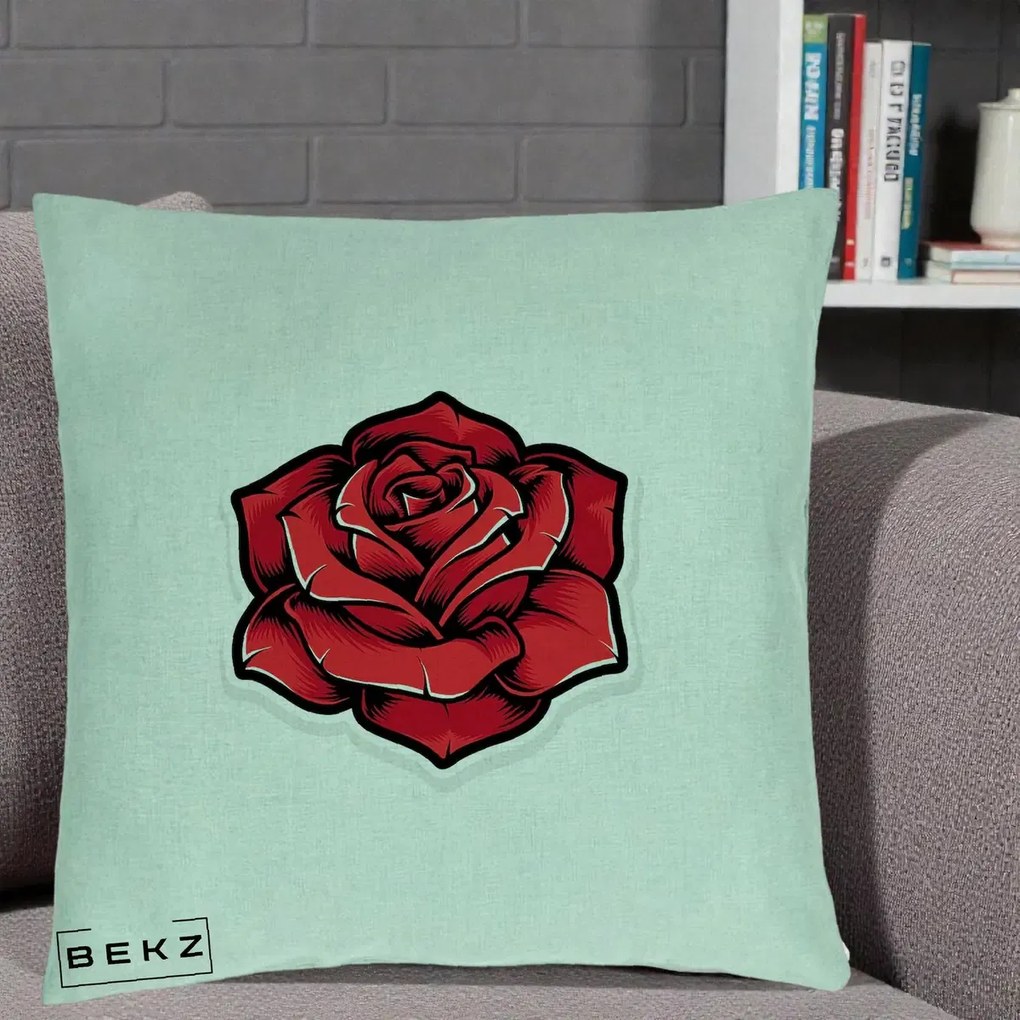 Perna Decorativa Trandafir Rosu Tattoo, 40x40 cm, Verde Menta, Husa Detasabila, Perna Inclusa, BEKZ®