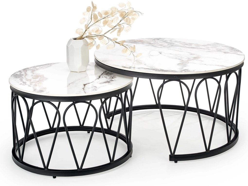 Set 2 buc. măsuțe de cafea Fermina (marmură albă + negru). 1039428
