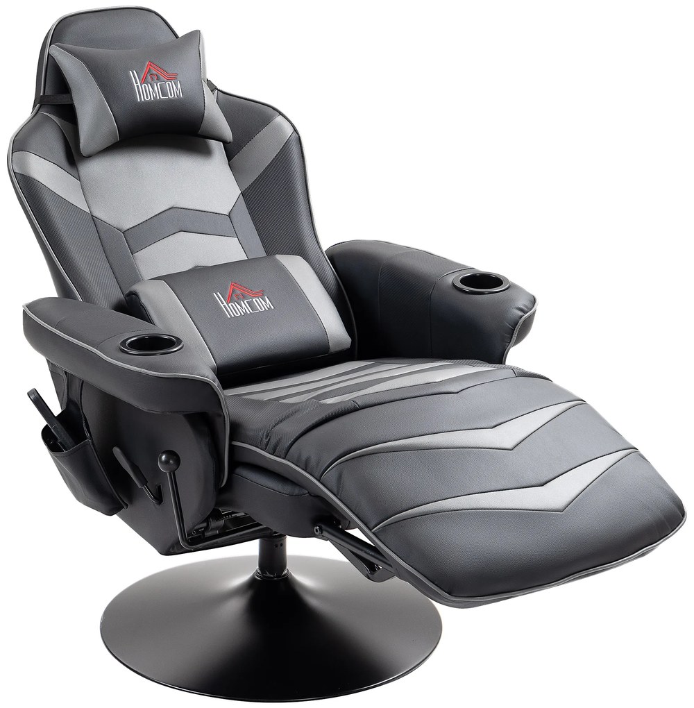 HOMCOM Fotoliu de gaming, funcție de masaj, spătar reglabil, suport pentru picioare, până la 120 kg, cadru din oțel, piele ecologică, Gri | Aosom Romania