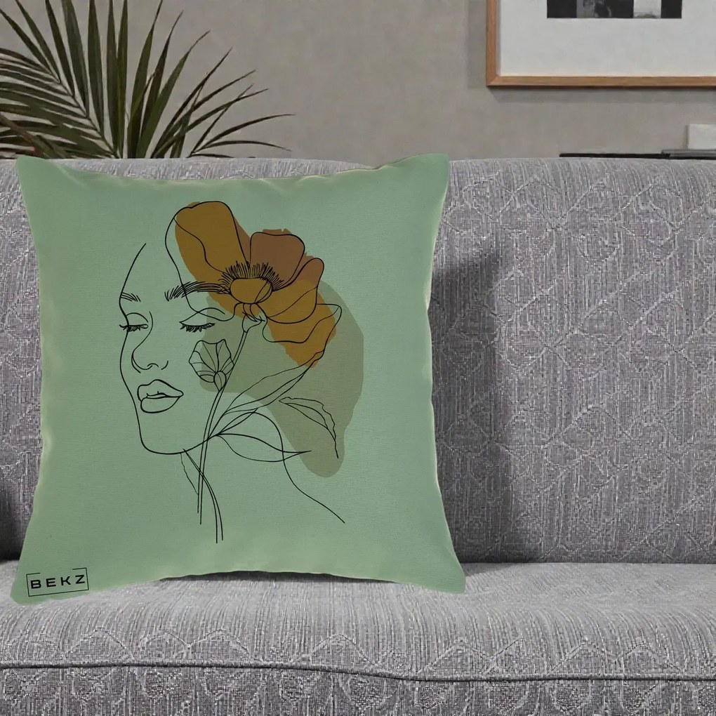 Perna Decorativa Portret Feminin Mac Mare Portocaliu, 40x40 cm, Verde, Husa Detasabila, Perna Inclusa, BEKZ®