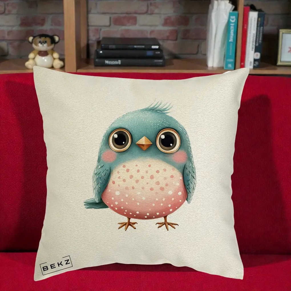 Perna Decorativa Pasare Teal-Roz cu Pete, 40x40 cm, Ecru, Husa Detasabila, Perna Inclusa, BEKZ®