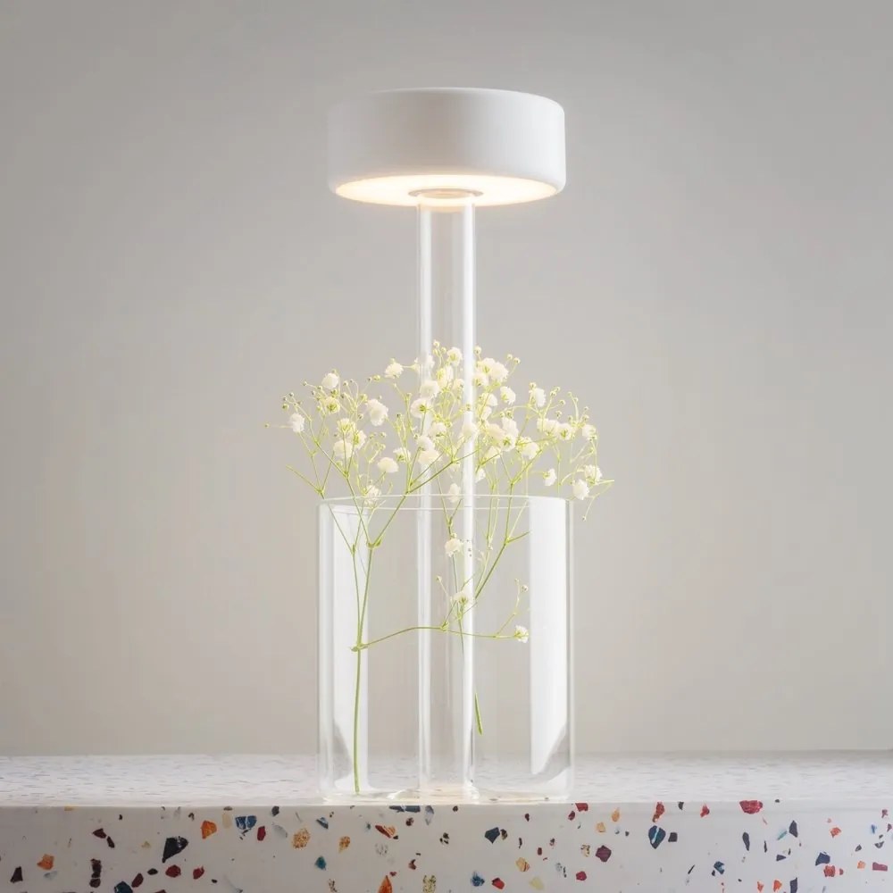 Lampa portabila cu baterii cu baza in forma de vaza AI design alb/ transparent