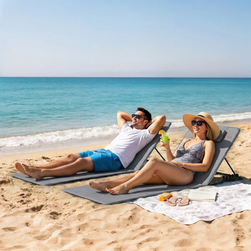 Outsunny Set de 2 șezlonguri de plajă cu spătar reglabil, pliabile și ușoare, cu pernă și buzunar de depozitare | Aosom Romania