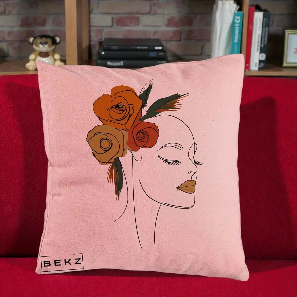 Perna Decorativa Portret Feminin Trandafiri Ruginii, 40x40 cm, Roz, Husa Detasabila, Perna Inclusa, BEKZ®