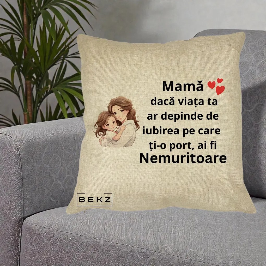 Cadou pentru Mama - Perna Personalizata Mama Nemuritoare cu Balon Inima, 40x40 cm, Crem, Husa Detasabila, Perna Inclusa, BEKZ®