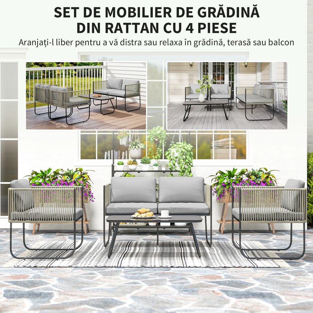 Outsunny Masă Grădină Rattan Sticlă Gri Deschis | Aosom Romania