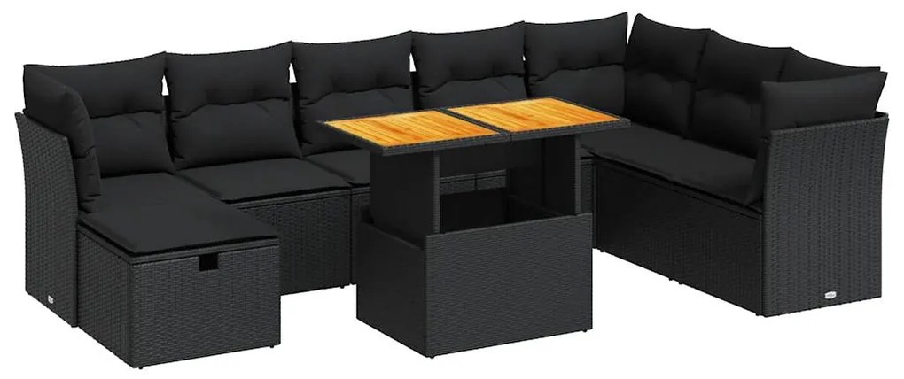 3327986 vidaXL Set mobilier grădină perne 9 piese negru poliratan/lemn acacia