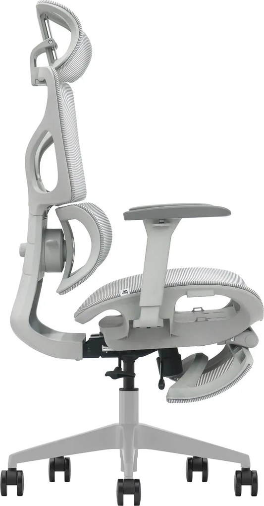 VERTEX PRO – Scaun Ergonomic Premium, Suport Lombar Dublu cu arc și reglaj al tensiunii, Cotiere 3D, Tetieră reglabilă, Șezut Glisant, Suport pentru picioare extensibil, Gri