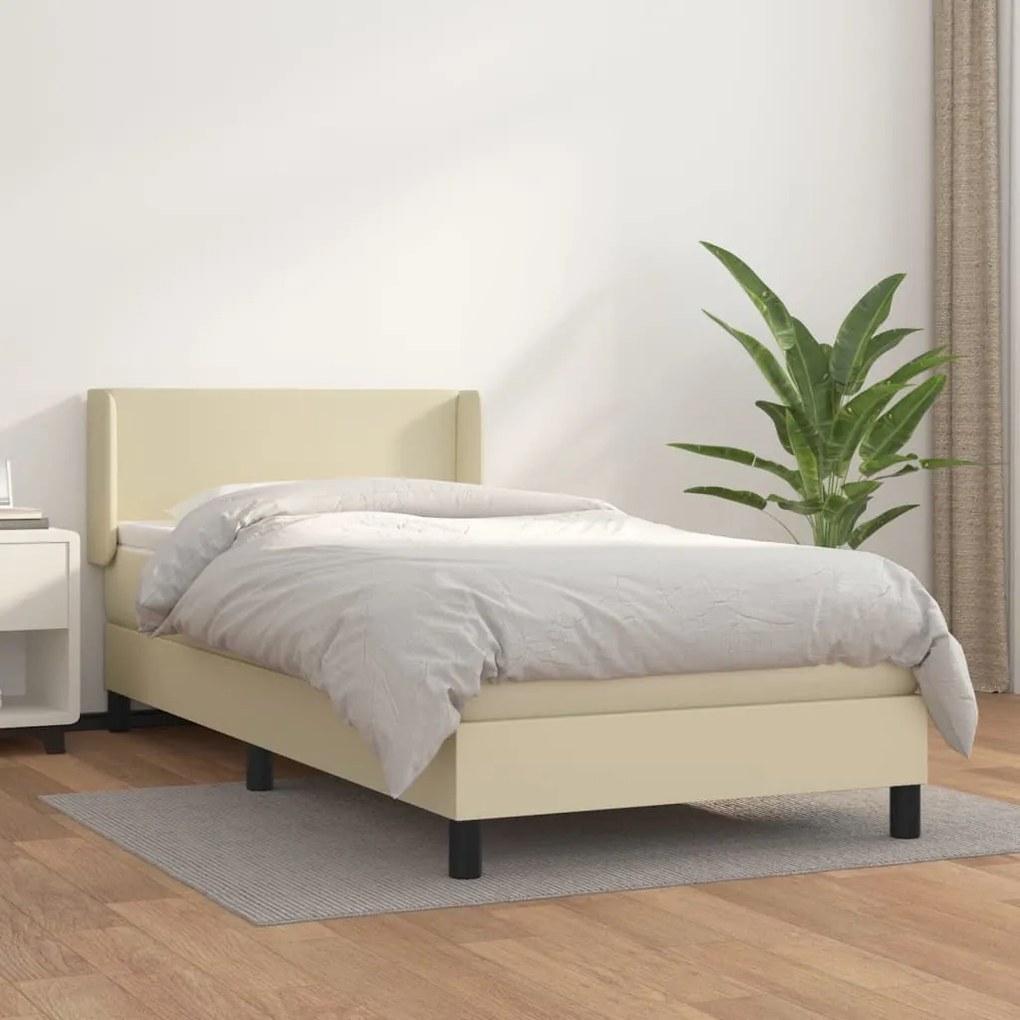 Pat box spring cu saltea, crem, 80x200 cm, piele ecologica Crem, 80 x 200 cm, Design simplu